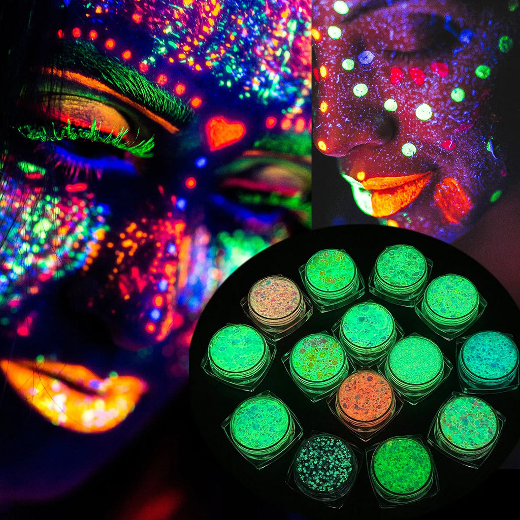 12 Colors Glow in the Dark Glitter Gel Face Body Glitter Gel Hair Glitter for UV Black Light Halloween Makeup Raves Festivals Fairy