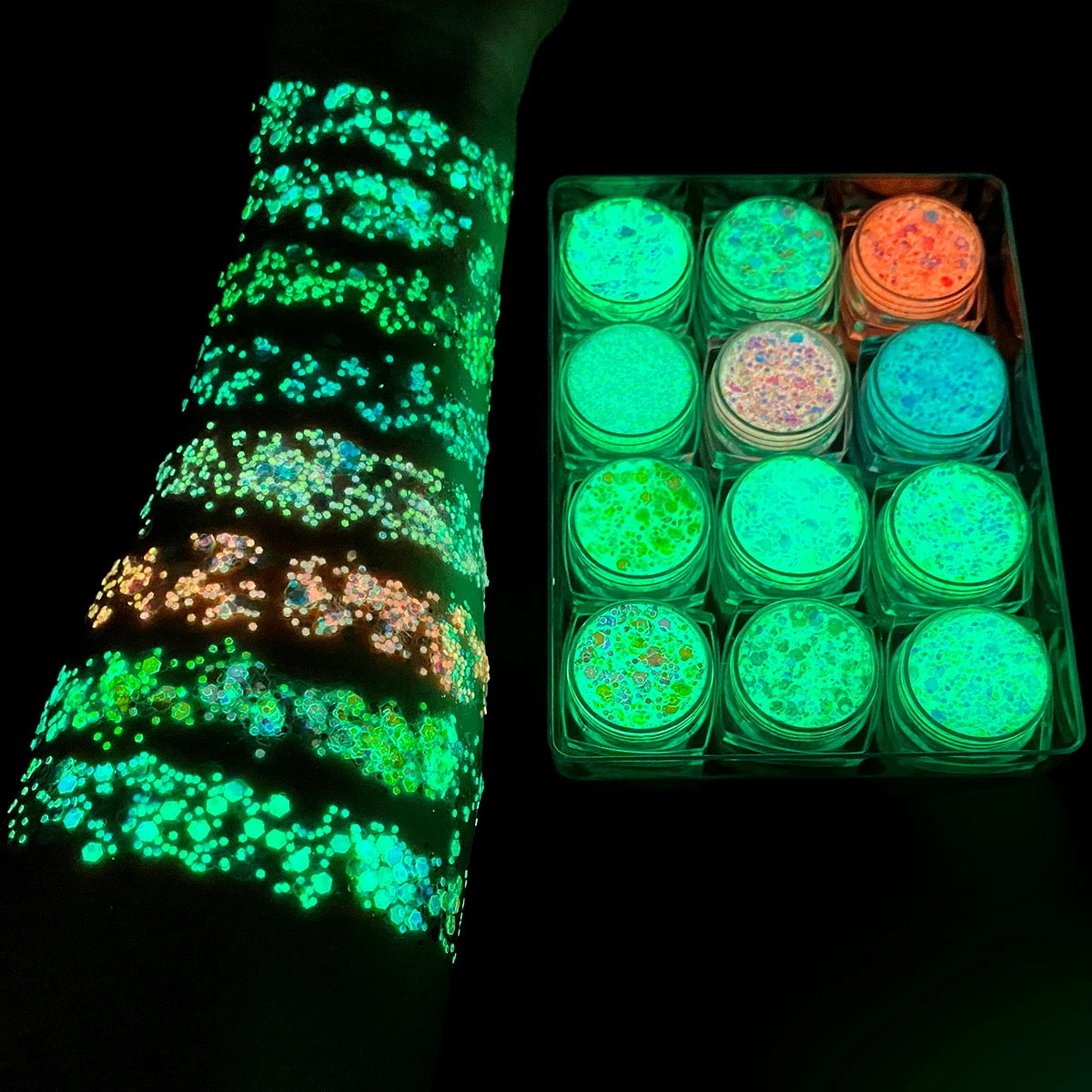12 Colors Glow in the Dark Glitter Gel Face Body Glitter Gel Hair Glitter for UV Black Light Halloween Makeup Raves Festivals Fairy