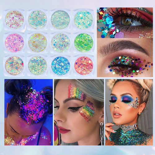 12 Colors Glow in the Dark Glitter Gel Face Body Glitter Gel Hair Glitter for UV Black Light Halloween Makeup Raves Festivals Fairy