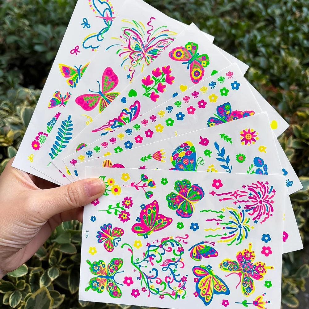 3D Luminous Temporary Tattoos Stickers UV Neon Fluorescent Glowing Music Festival Body Waterproof Tattoos Decals for Face Decora Fairy