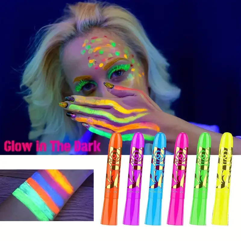 6Pcs UV Neon Face Painting Kit,Glow in the Dark Under UV Lights,Black Light Glow Makeup Kit,Washable Water Soluble Face Painting Fairy