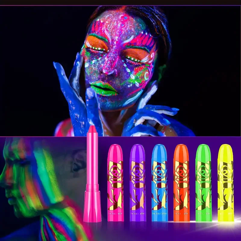 6Pcs UV Neon Face Painting Kit,Glow in the Dark Under UV Lights,Black Light Glow Makeup Kit,Washable Water Soluble Face Painting Fairy