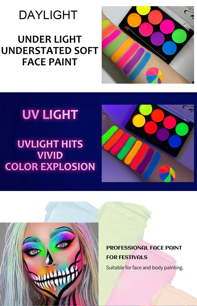 8 Colors Glow Fluorescent Neon Oil Face Body Art Paint UV Glow Oil Painting Halloween Party Fancy Dress Beauty Makeup Cosmetics Fairy