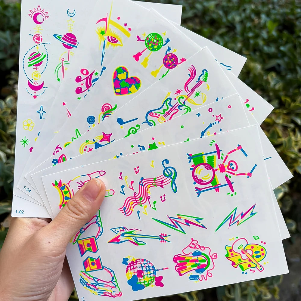 3D Luminous Temporary Tattoos Stickers UV Neon Fluorescent Glowing Music Festival Body Waterproof Tattoos Decals for Face Decora Fairy