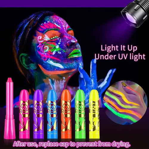 6Pcs UV Neon Face Painting Kit,Glow in the Dark Under UV Lights,Black Light Glow Makeup Kit,Washable Water Soluble Face Painting Fairy