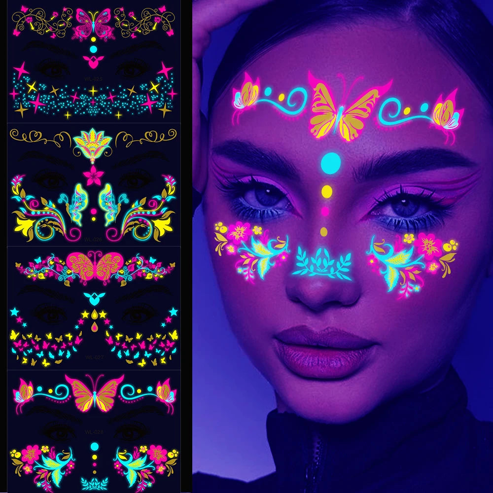 3D Luminous Temporary Tattoos Stickers UV Neon Fluorescent Glowing Music Festival Body Waterproof Tattoos Decals for Face Decora Fairy
