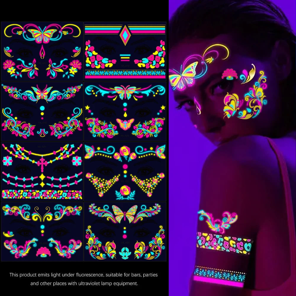3D Luminous Temporary Tattoos Stickers UV Neon Fluorescent Glowing Music Festival Body Waterproof Tattoos Decals for Face Decora Fairy
