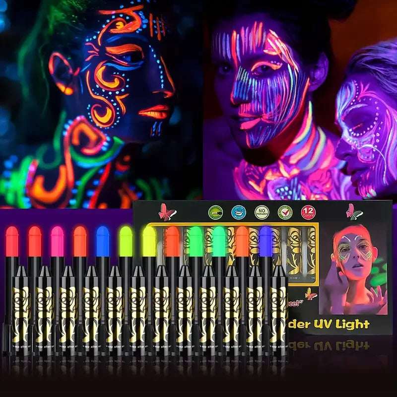 6Pcs UV Neon Face Painting Kit,Glow in the Dark Under UV Lights,Black Light Glow Makeup Kit,Washable Water Soluble Face Painting Fairy