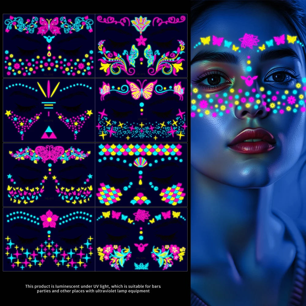 3D Luminous Temporary Tattoos Stickers UV Neon Fluorescent Glowing Music Festival Body Waterproof Tattoos Decals for Face Decora Fairy