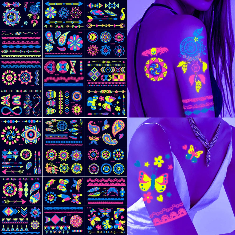 3D Luminous Temporary Tattoos Stickers UV Neon Fluorescent Glowing Music Festival Body Waterproof Tattoos Decals for Face Decora Fairy