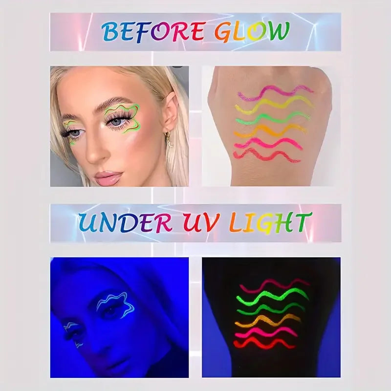 6pcs Glow UV Reactive Glow in the Dark Face and Body Paint Set, Neon Liquid Eyeliner, Mixing Color for Masquerade,Music Festival Fairy