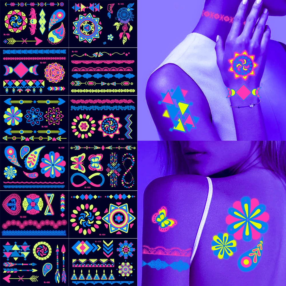 3D Luminous Temporary Tattoos Stickers UV Neon Fluorescent Glowing Music Festival Body Waterproof Tattoos Decals for Face Decora Fairy