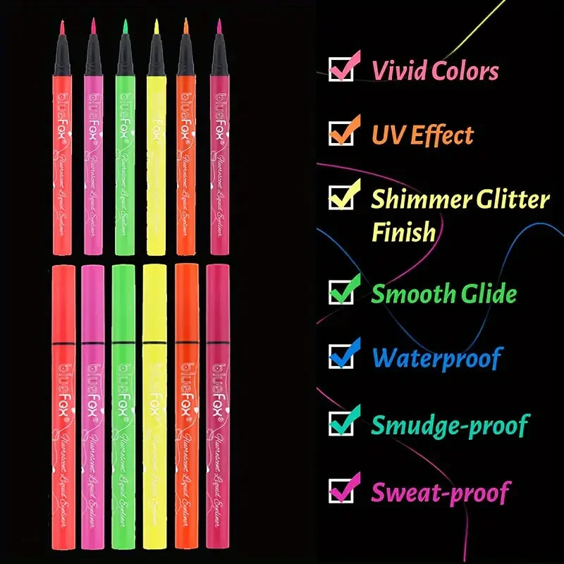 6pcs Glow UV Reactive Glow in the Dark Face and Body Paint Set, Neon Liquid Eyeliner, Mixing Color for Masquerade,Music Festival Fairy