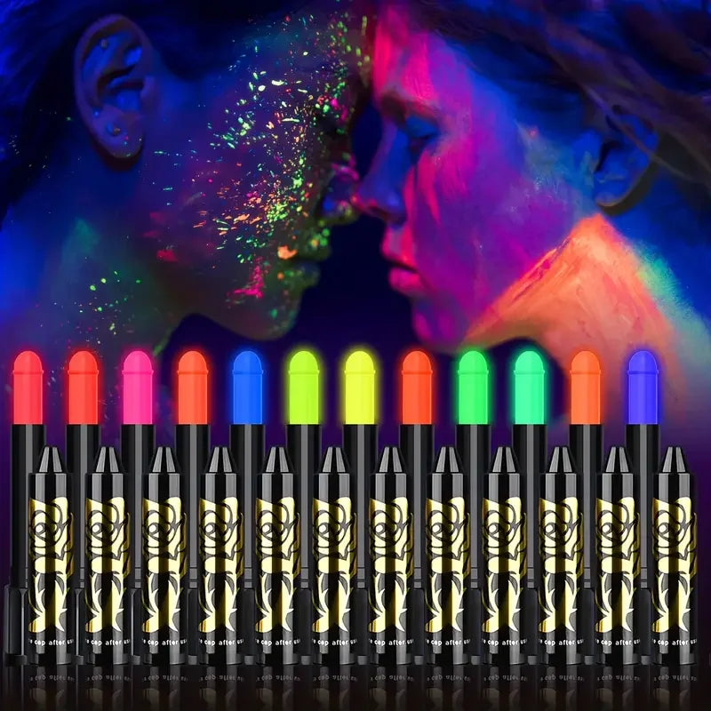 6Pcs UV Neon Face Painting Kit,Glow in the Dark Under UV Lights,Black Light Glow Makeup Kit,Washable Water Soluble Face Painting Fairy