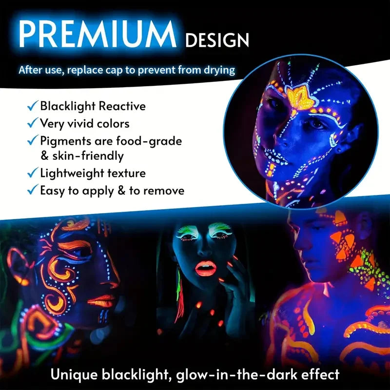 6Pcs UV Neon Face Painting Kit,Glow in the Dark Under UV Lights,Black Light Glow Makeup Kit,Washable Water Soluble Face Painting Fairy