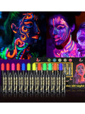 12 Pieces UV Neon Face Painting, Glow in the Dark Under UV Lights Face Painting Crayon SticksMardi Gras Party Halloween Makeup Fairy