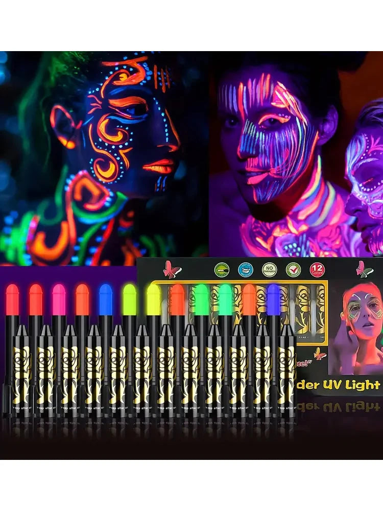 12 Pieces UV Neon Face Painting, Glow in the Dark Under UV Lights Face Painting Crayon SticksMardi Gras Party Halloween Makeup Fairy