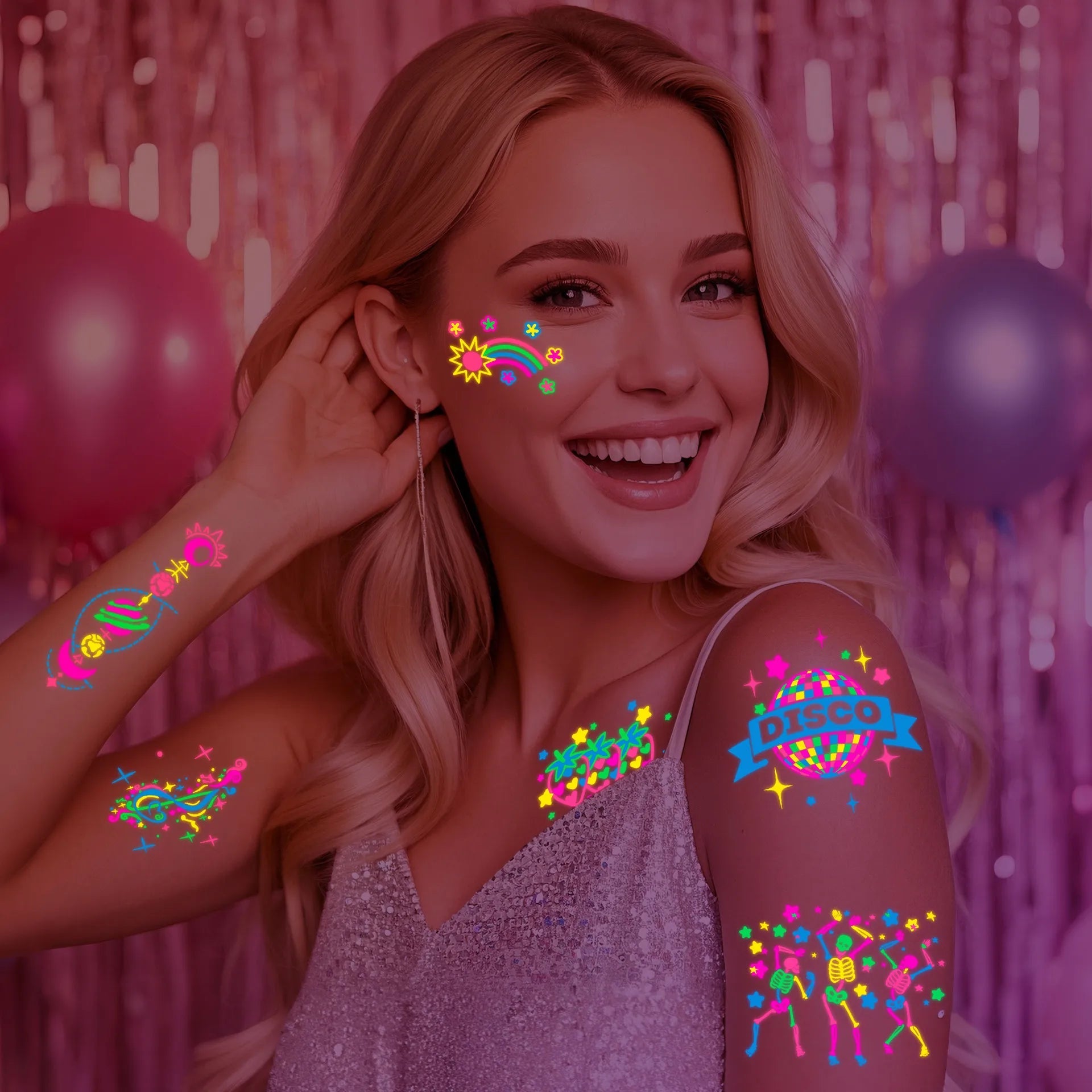 3D Luminous Temporary Tattoos Stickers UV Neon Fluorescent Glowing Music Festival Body Waterproof Tattoos Decals for Face Decora Fairy