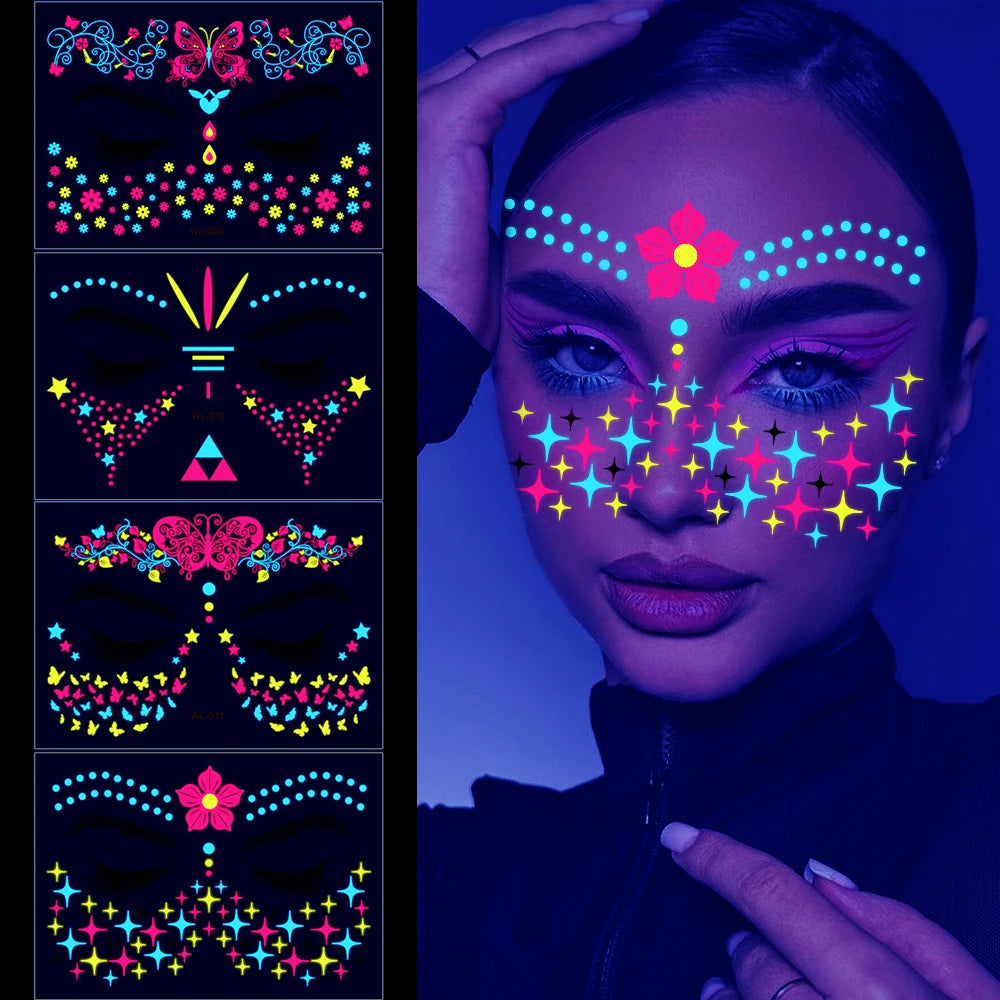 3D Luminous Temporary Tattoos Stickers UV Neon Fluorescent Glowing Music Festival Body Waterproof Tattoos Decals for Face Decora Fairy