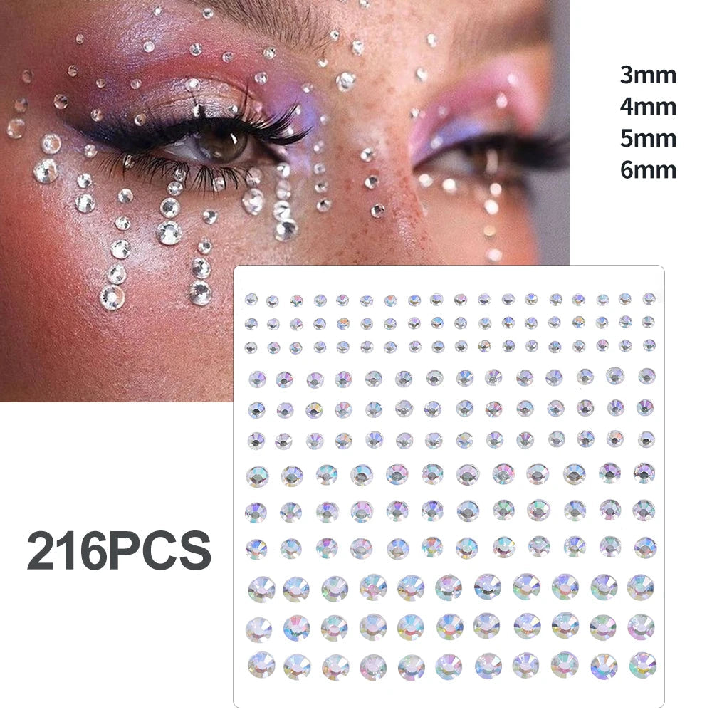 162/216/900pcs Eye&Face&Body Diamond Tattoos Stickers 3/4/5/6mm Colored Glitter Rhinestone Tattoo for Party Makeup Gem Accessory Fairy