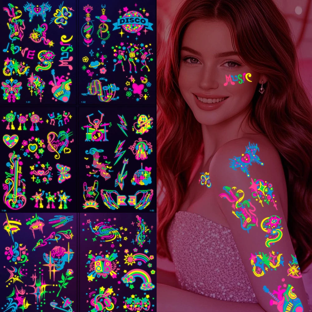 3D Luminous Temporary Tattoos Stickers UV Neon Fluorescent Glowing Music Festival Body Waterproof Tattoos Decals for Face Decora Fairy