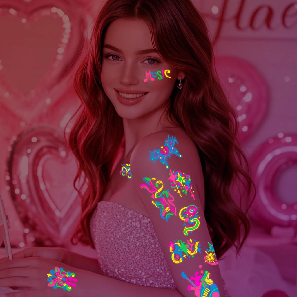 3D Luminous Temporary Tattoos Stickers UV Neon Fluorescent Glowing Music Festival Body Waterproof Tattoos Decals for Face Decora Fairy