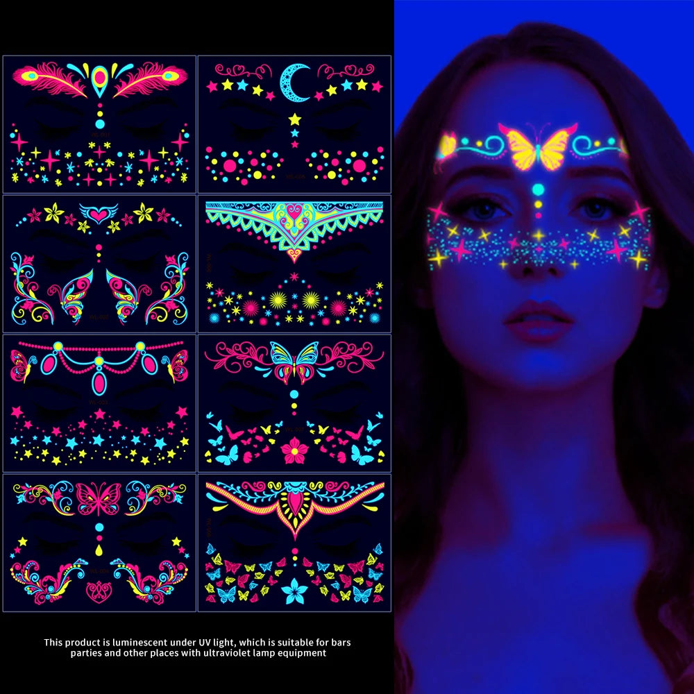 3D Luminous Temporary Tattoos Stickers UV Neon Fluorescent Glowing Music Festival Body Waterproof Tattoos Decals for Face Decora Fairy