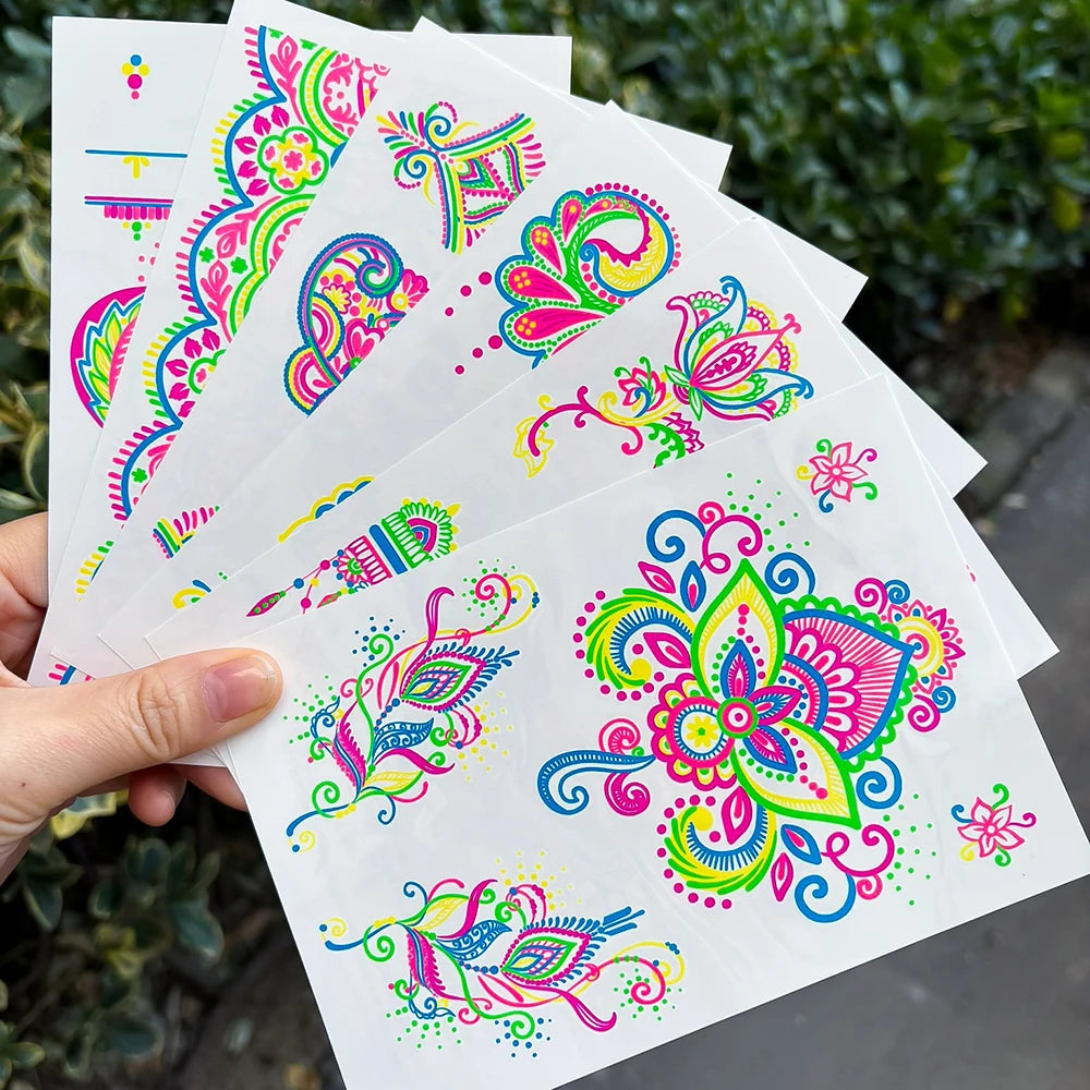 3D Luminous Temporary Tattoos Stickers UV Neon Fluorescent Glowing Music Festival Body Waterproof Tattoos Decals for Face Decora Fairy