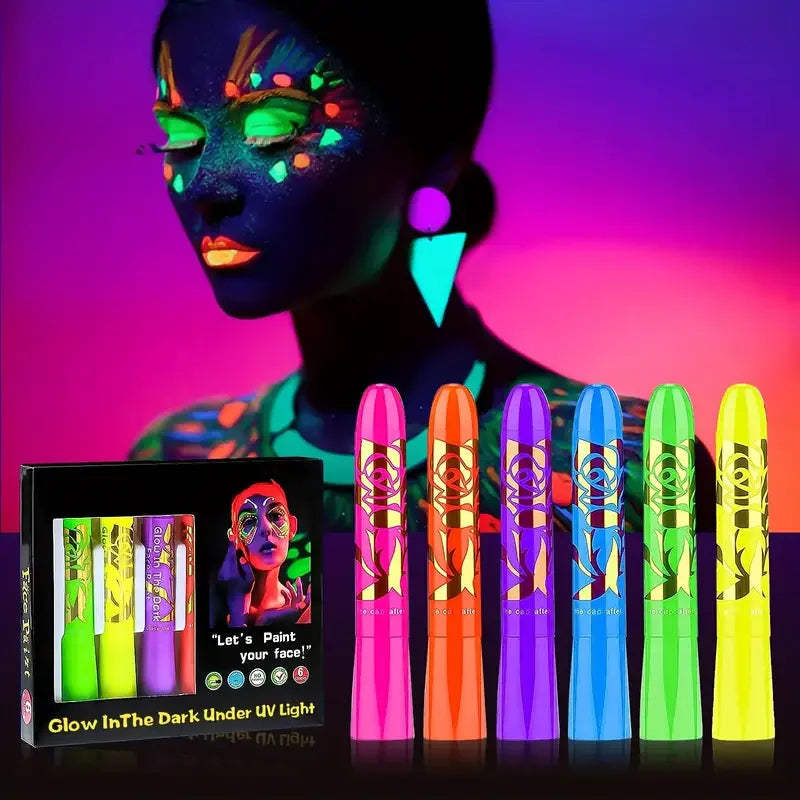 6Pcs UV Neon Face Painting Kit,Glow in the Dark Under UV Lights,Black Light Glow Makeup Kit,Washable Water Soluble Face Painting Fairy