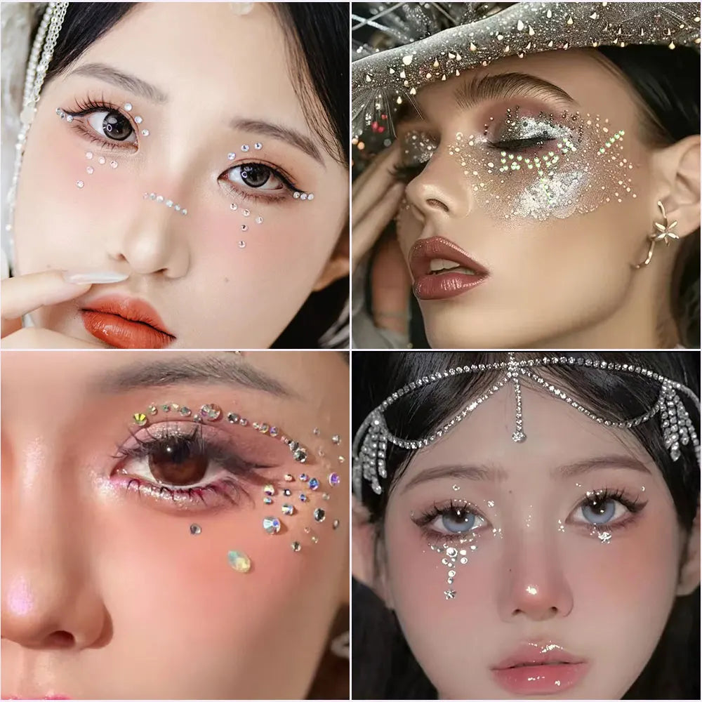 162/216/900pcs Eye&Face&Body Diamond Tattoos Stickers 3/4/5/6mm Colored Glitter Rhinestone Tattoo for Party Makeup Gem Accessory Fairy