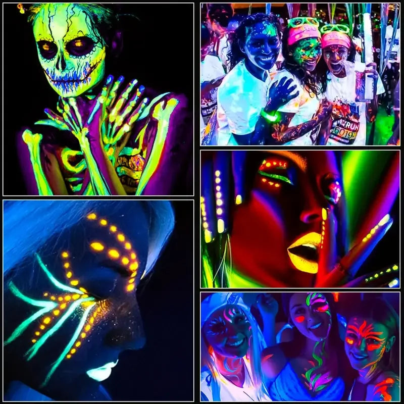 12 Pieces UV Neon Face Painting, Glow in the Dark Under UV Lights Face Painting Crayon SticksMardi Gras Party Halloween Makeup Fairy
