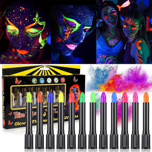 12 Pieces UV Neon Face Painting, Glow in the Dark Under UV Lights Face Painting Crayon SticksMardi Gras Party Halloween Makeup Fairy