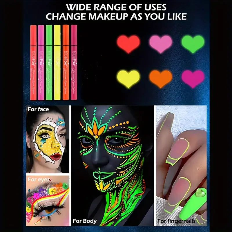 6pcs Glow UV Reactive Glow in the Dark Face and Body Paint Set, Neon Liquid Eyeliner, Mixing Color for Masquerade,Music Festival Fairy