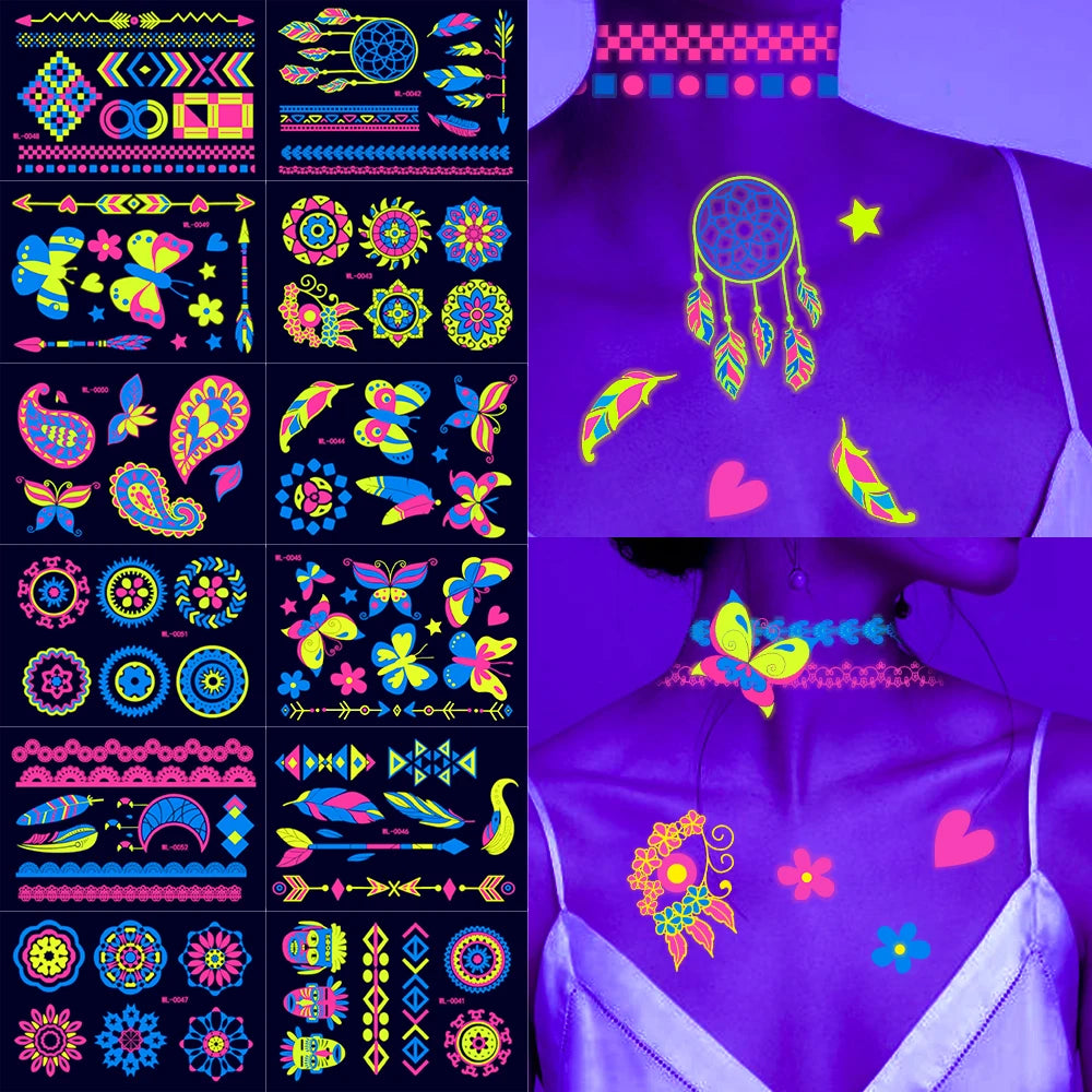 3D Luminous Temporary Tattoos Stickers UV Neon Fluorescent Glowing Music Festival Body Waterproof Tattoos Decals for Face Decora Fairy