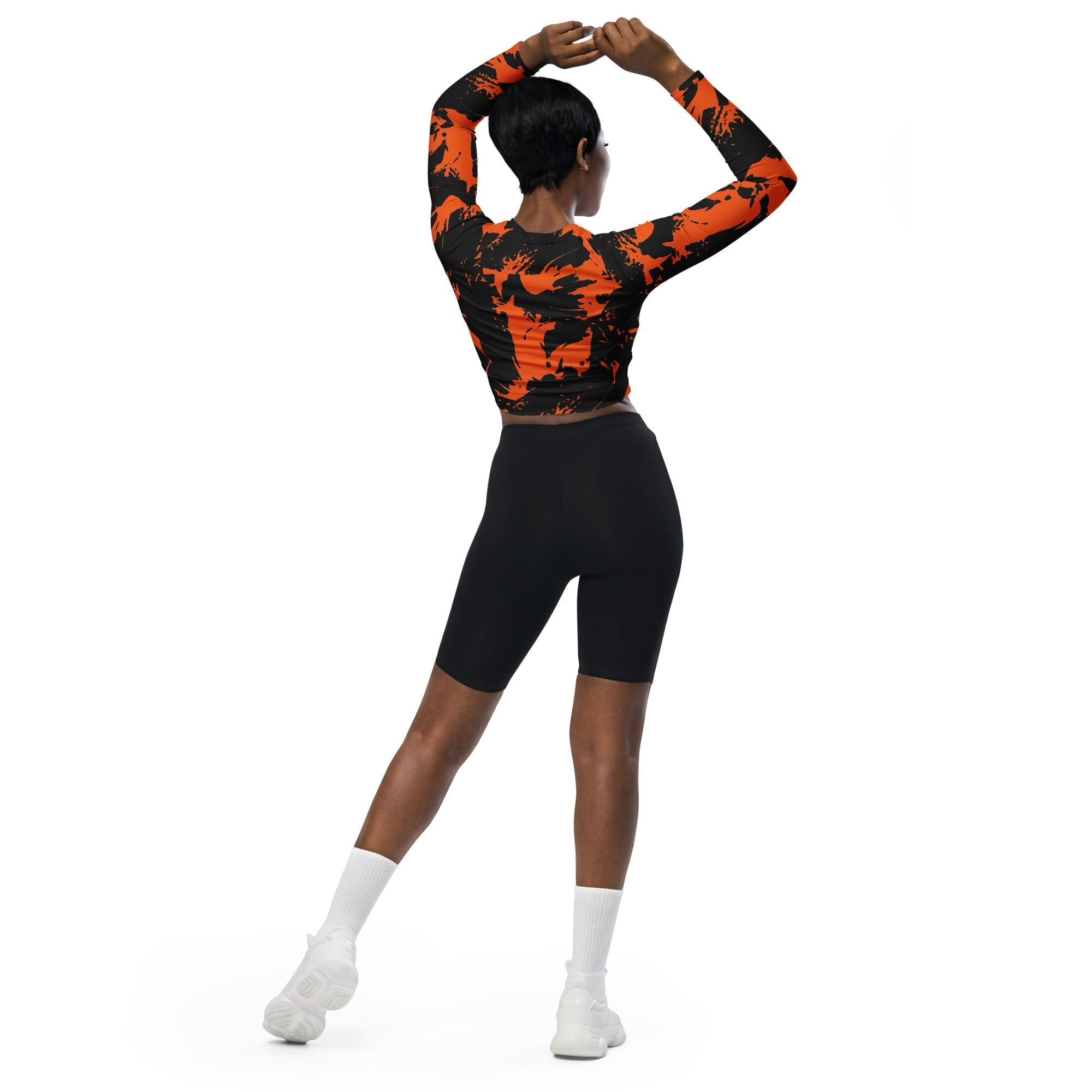 Black and Orange Spooky Paint Splatter Graffiti Long-Sleeve Fitted Crop Top BigTexFunkadelic
