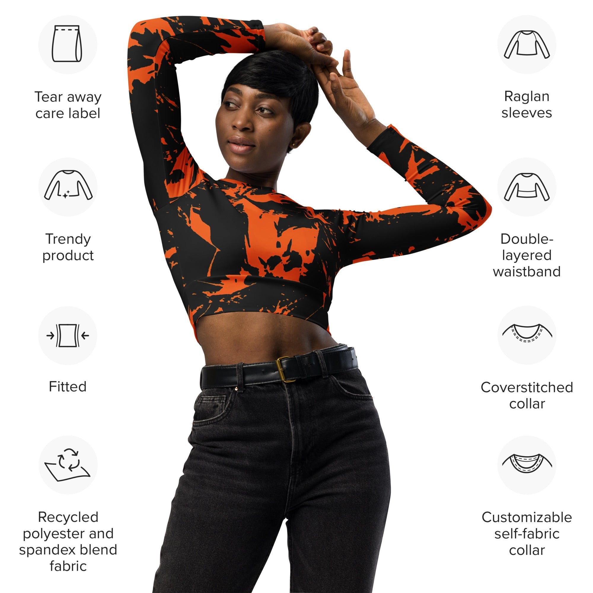 Black and Orange Spooky Paint Splatter Graffiti Long-Sleeve Fitted Crop Top BigTexFunkadelic