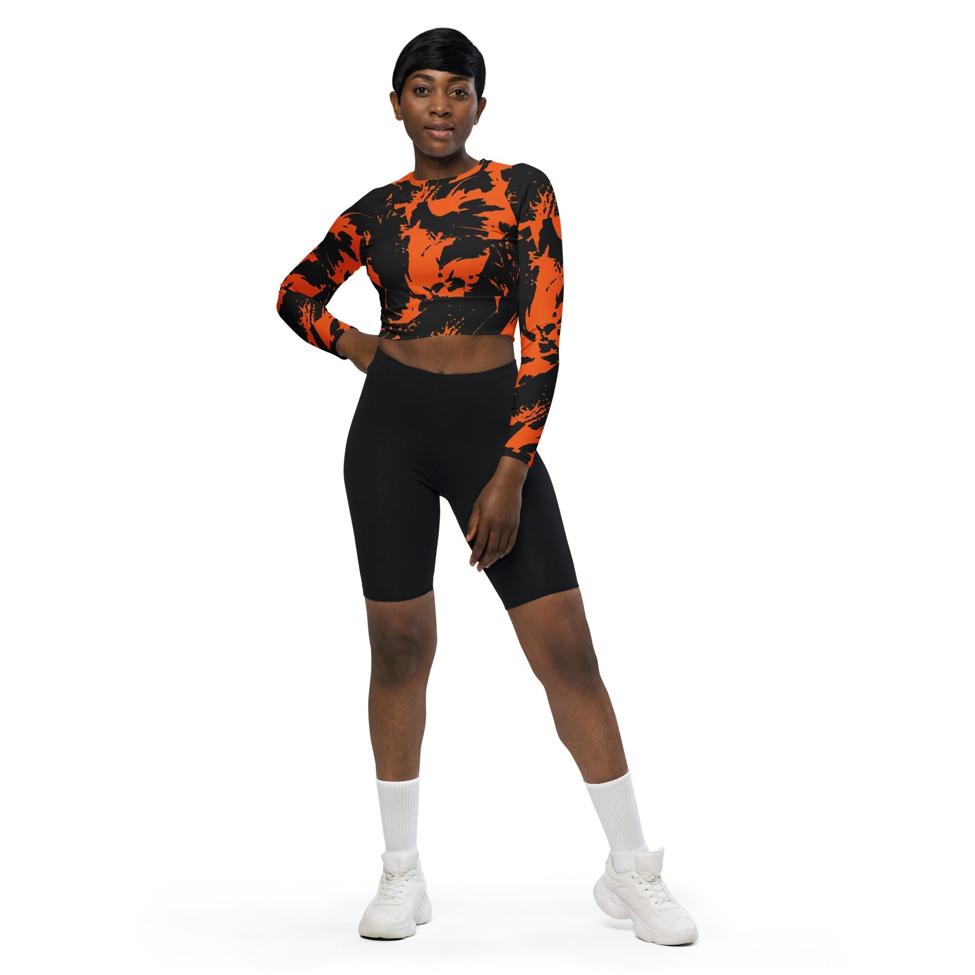 Black and Orange Spooky Paint Splatter Graffiti Long-Sleeve Fitted Crop Top BigTexFunkadelic