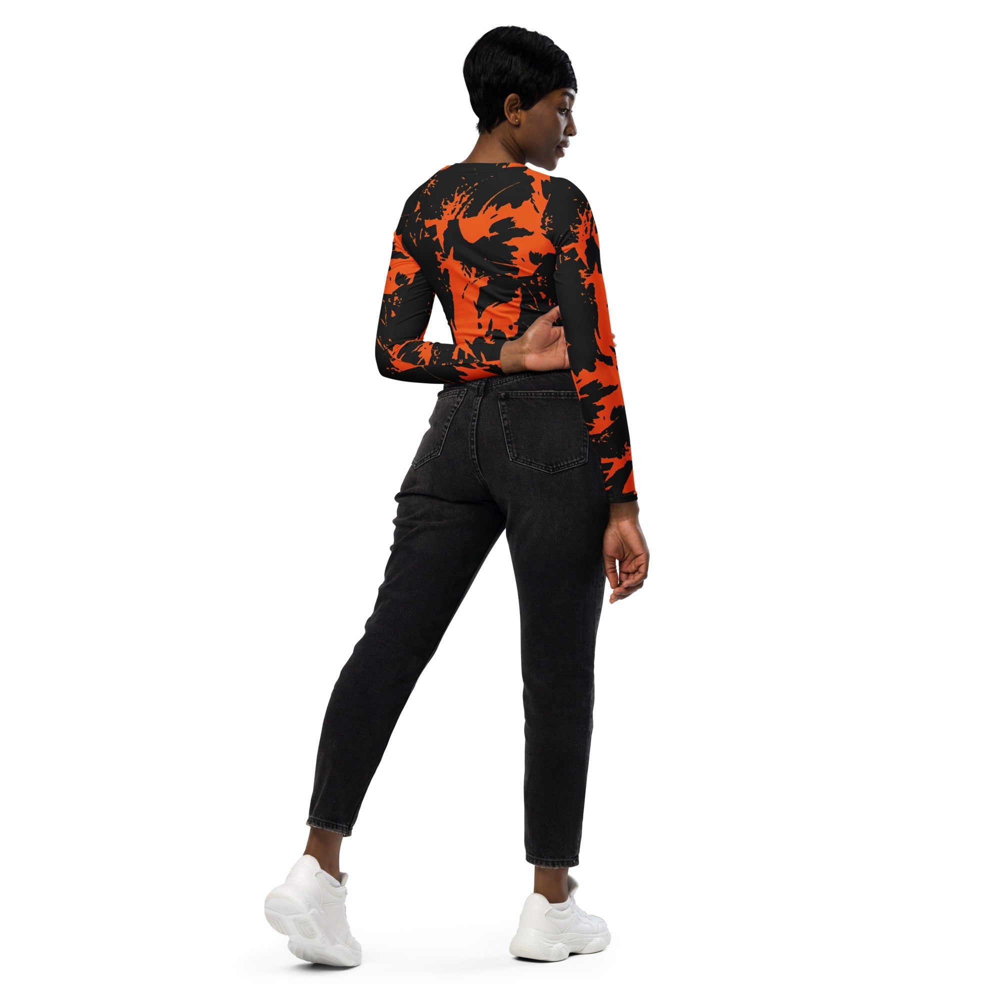 Black and Orange Spooky Paint Splatter Graffiti Long-Sleeve Fitted Crop Top BigTexFunkadelic