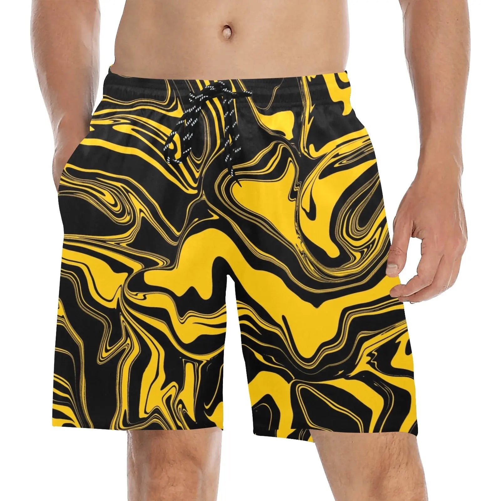 Black and Yellow Abstract Melt Swim Shorts BigTexFunkadelic